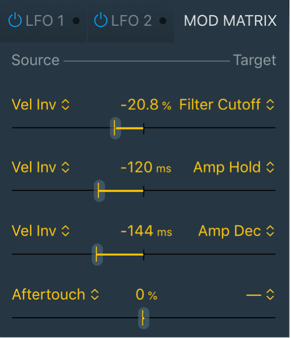 Figure. Sous-fenêtre Mod Matrix de Quick Sampler, affichant quatre routages de modulation.