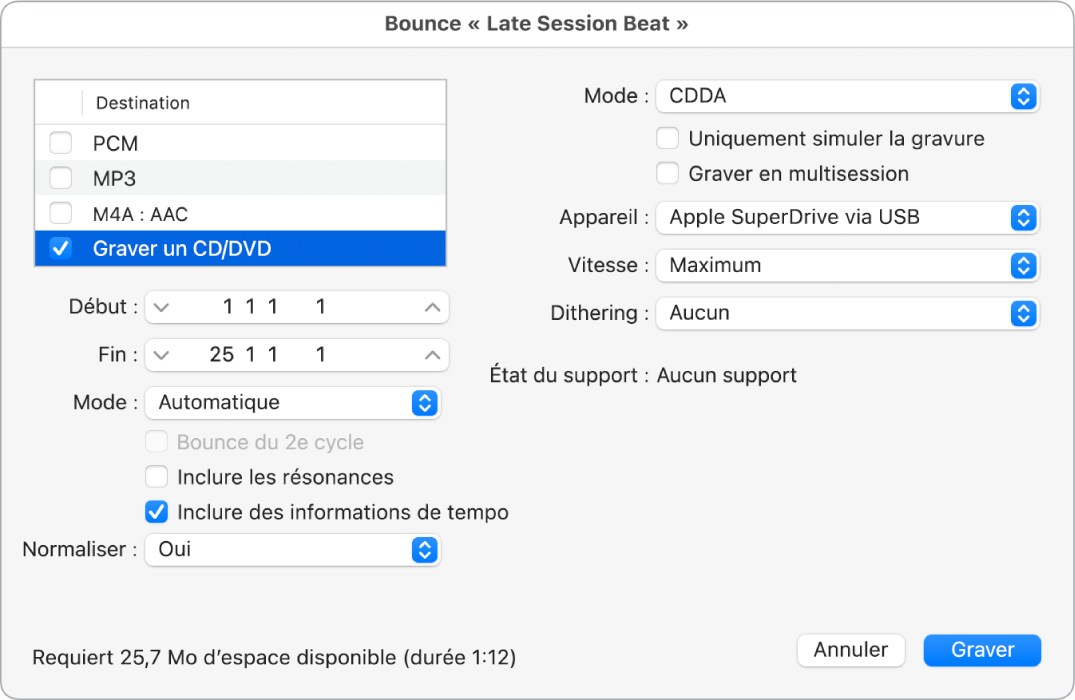 Figure. Options de gravure dans la fenêtre Bounce.