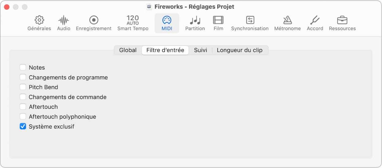 Figure. Réglages de filtre d’entrée MIDI du projet.
