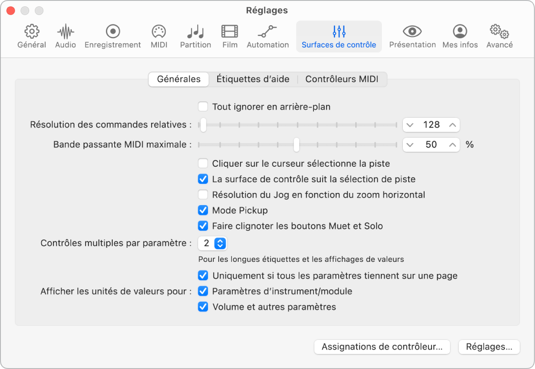 Figure. Réglages généraux des surfaces de contrôle.