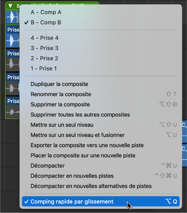 Figure. Sélection de l’option « Comping rapide par glissement » dans le menu local.