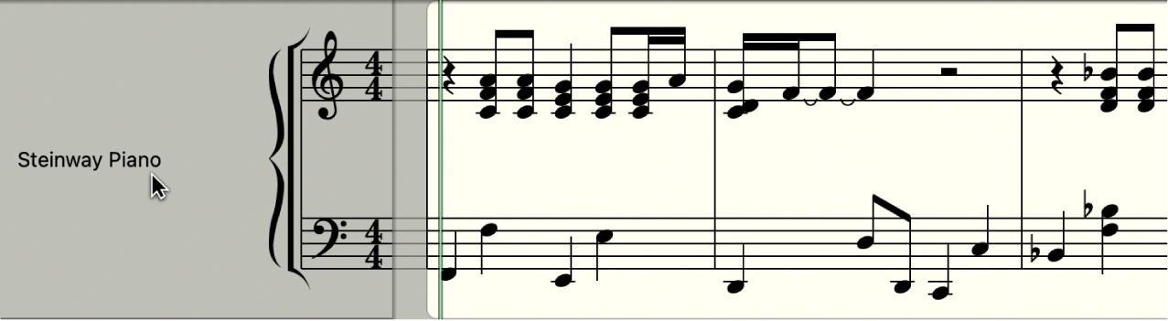 Figure. Nom d’instrument et toutes les régions de la piste d’instruments sélectionnée dans l’éditeur de partition