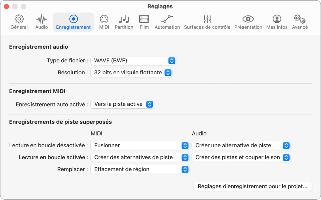 Figure. Réglages d’enregistrement.