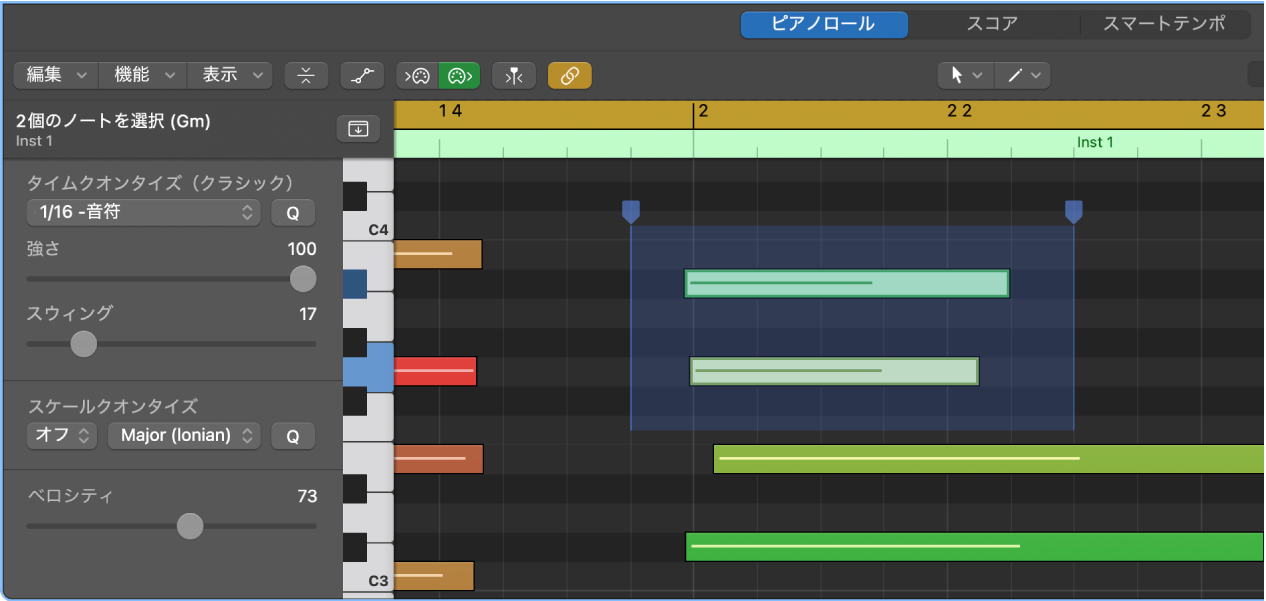 図。タイムハンドルが表示されているピアノロールエディタ。