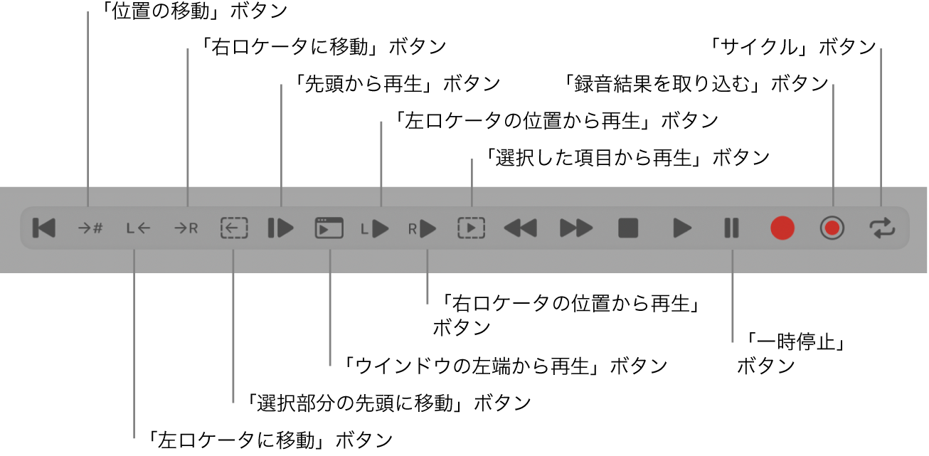 図。トランスポートボタン。すべての追加トランスポートボタンが表示されています。