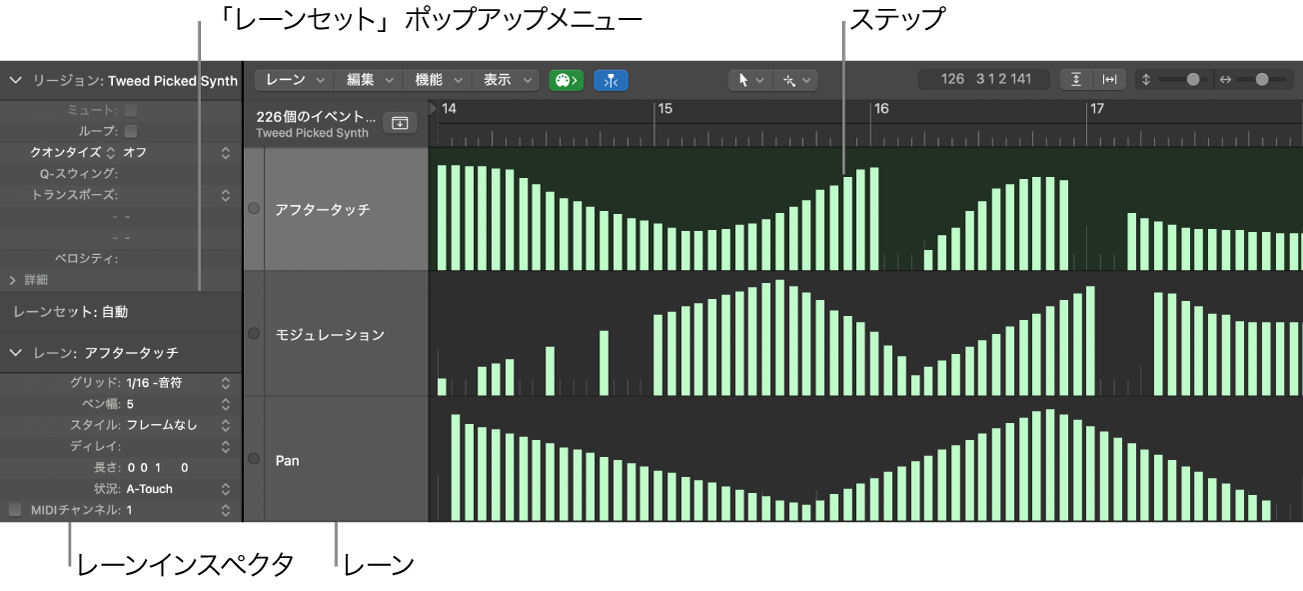 図。主要な要素が表示された「ステップエディタ」ウインドウ。