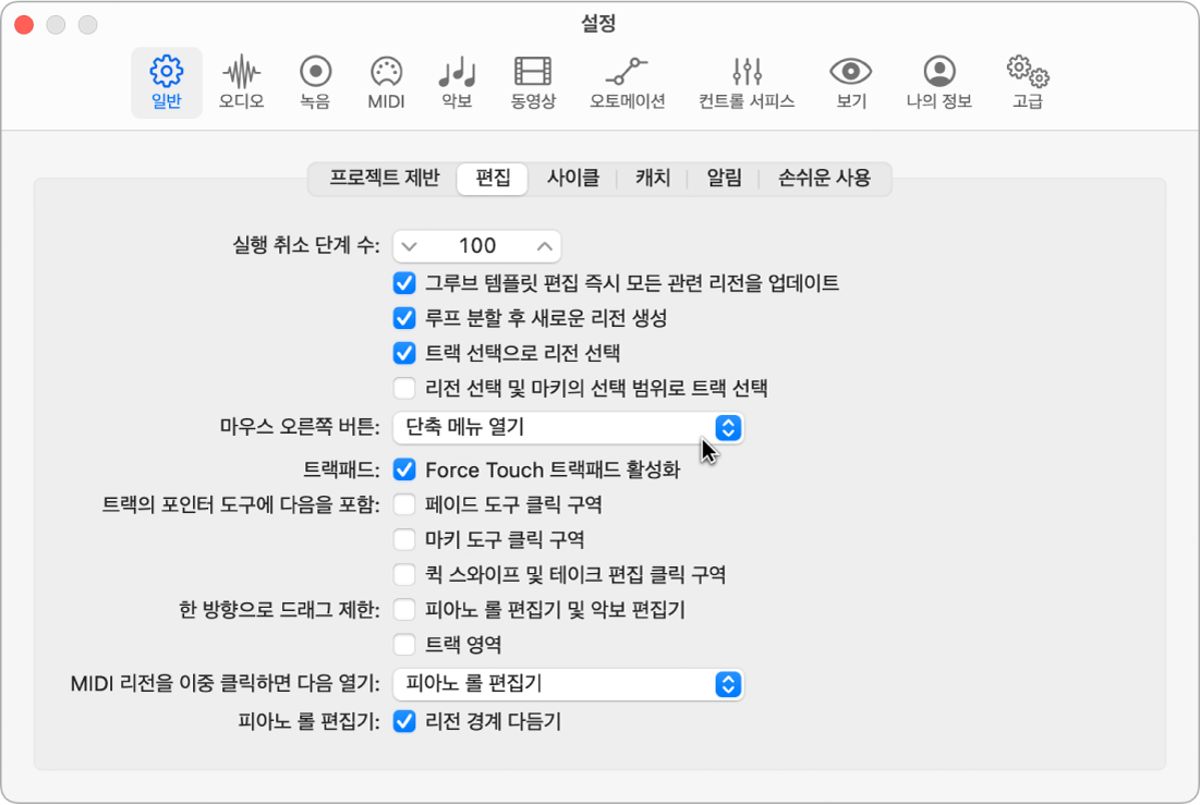 그림. 일반 설정의 편집 패널에서 포인터 도구 체크상자.