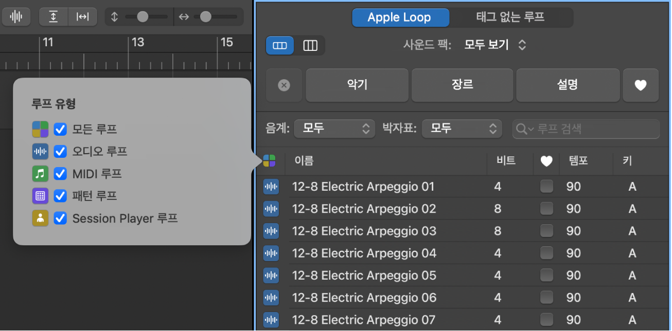 루프 유형 버튼과 선택 항목을 보여주는 루프 브라우저.