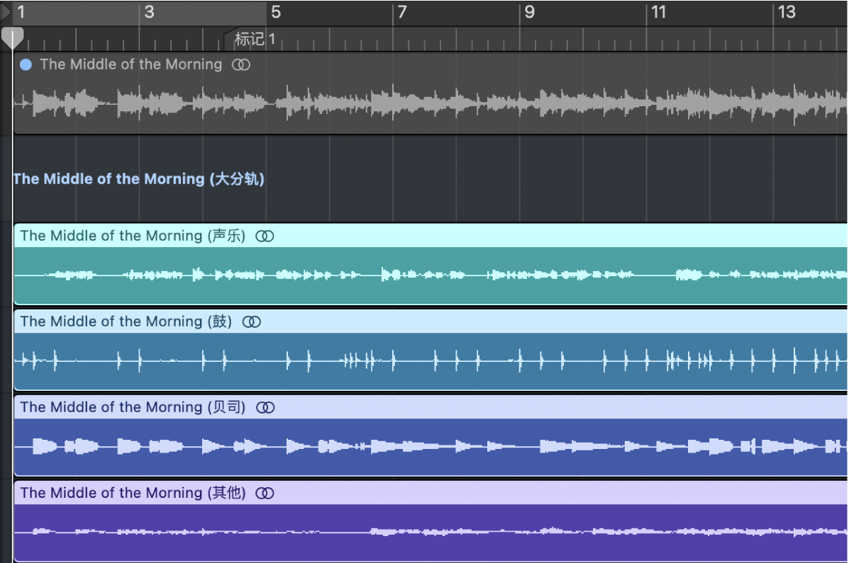 图。轨道区域显示大分轨作为子轨道的 Track Stack。