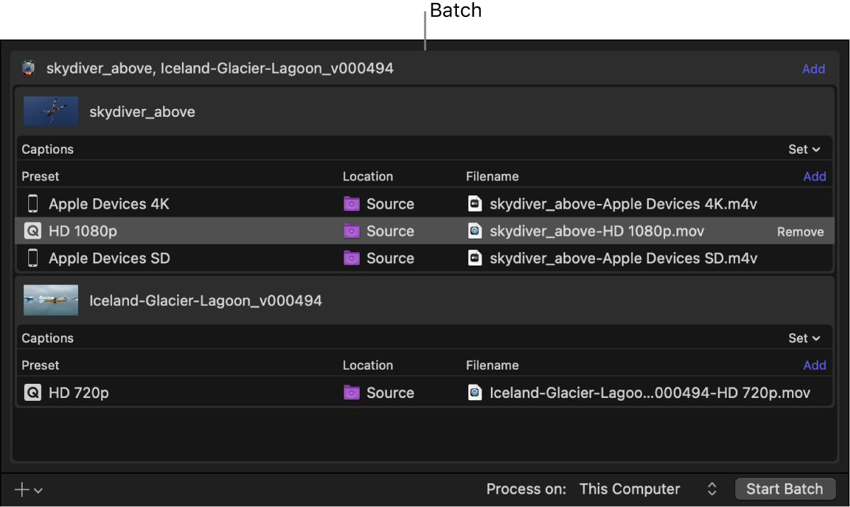 Batch area showing batch header