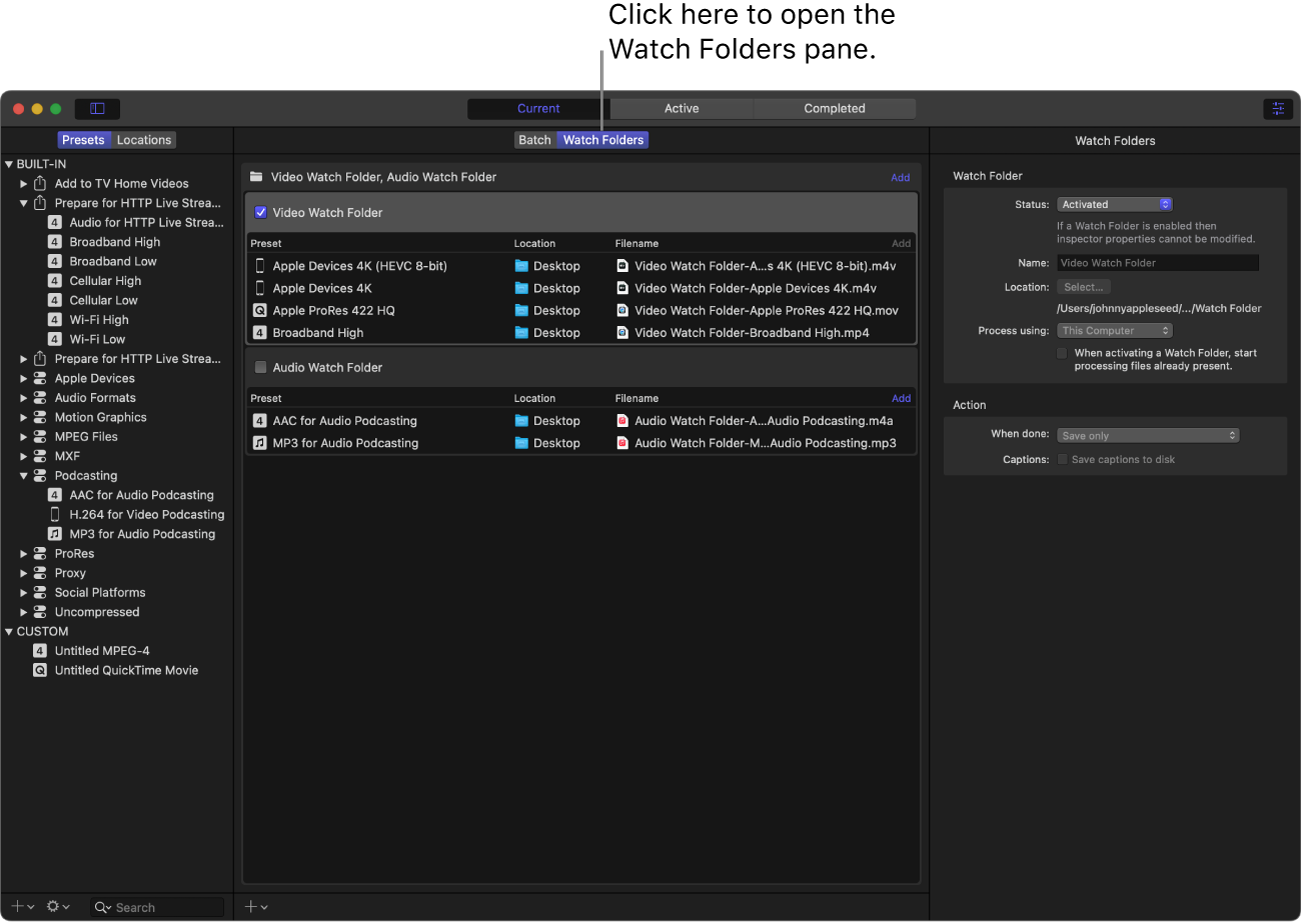 Compressor interface with the Watch Folder workspace showing.