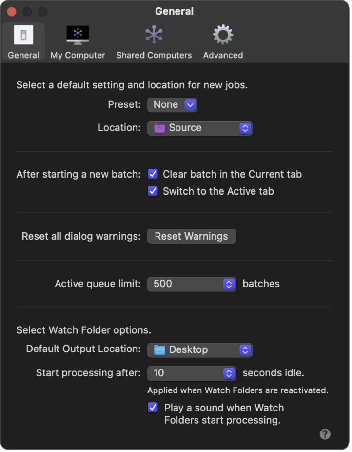 General settings pane