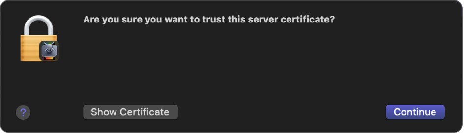 A dialog asking if you want to trust a server certificate.