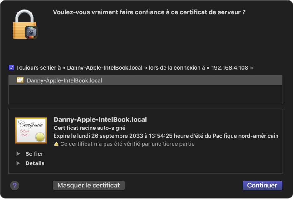 Fenêtre affichant le certificat de sécurité de l’ordinateur sélectionné.