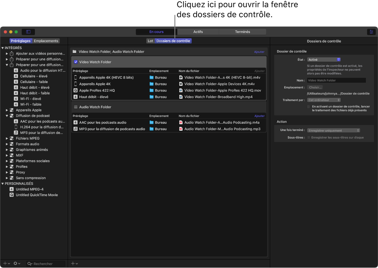 Interface de Compressor avec l’espace de travail Dossiers de contrôle qui s’affiche.