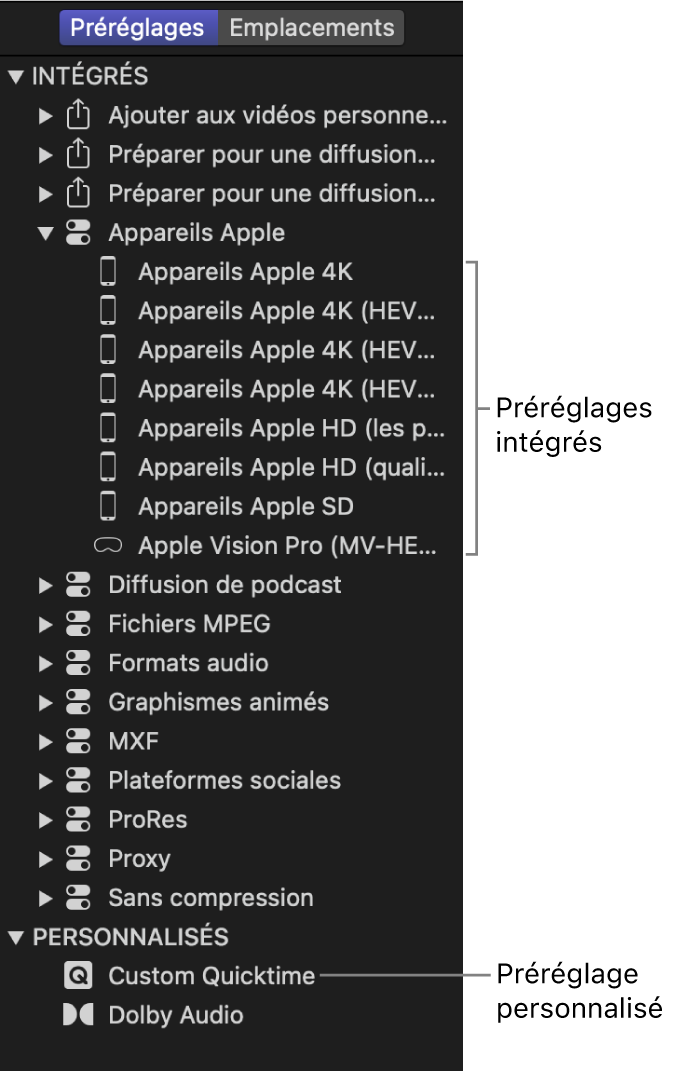 Fenêtre Préréglages affichant un ensemble de préréglages intégrés et personnalisés.