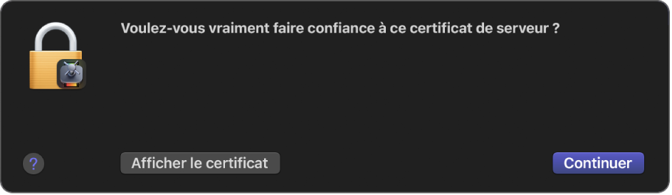 Une zone de dialogue vous demande si vous souhaitez faire confiance à un certificat de serveur.