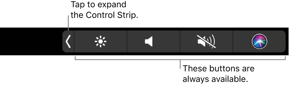 Die standardmäßigen Control Strip-Tasten auf der rechten Seite der Touch Bar