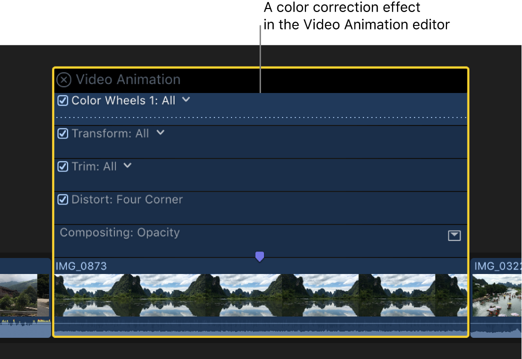 Ein Farbkorrektureffekt im Videoanimationseditor oberhalb eines Videoclips in der Timeline