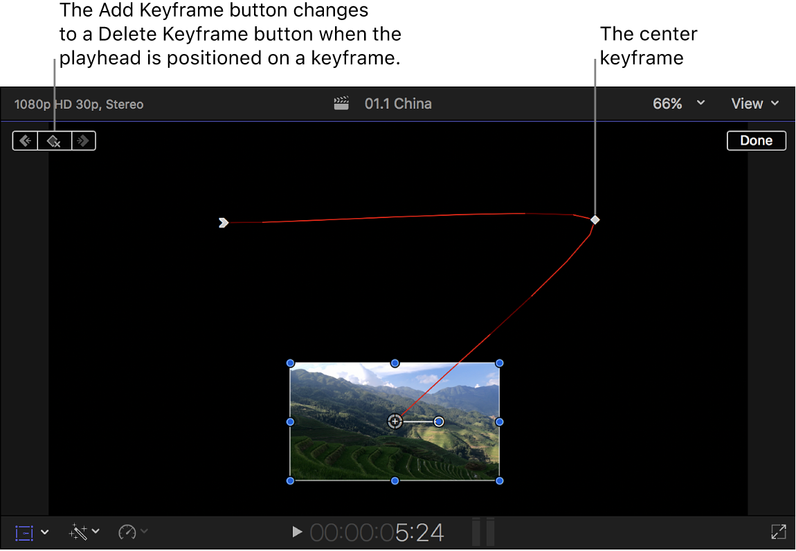 Der Viewer mit dem Effekt „Transformieren“ mit drei eingestellten Keyframes und einer roten Linie zwischen den Keyframes, die den Bildpfad anzeigt