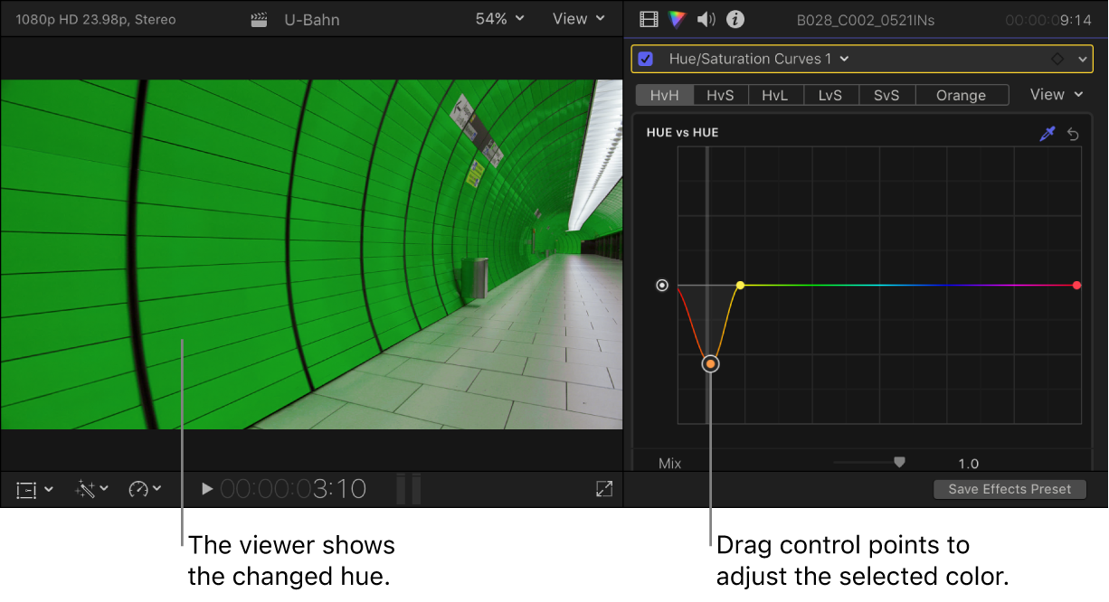 Der Viewer links mit dem geänderten Farbton und das Informationsfenster „Farbe“ rechts mit Steuerpunkten auf der Kurve „Farbton vs. Farbton“