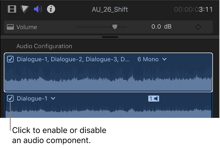 Der Abschnitt „Kanalkonfiguration“ des Informationsfensters „Audio“ mit Markierungsfeldern zum Aktivieren und Deaktivieren von Audiokomponenten