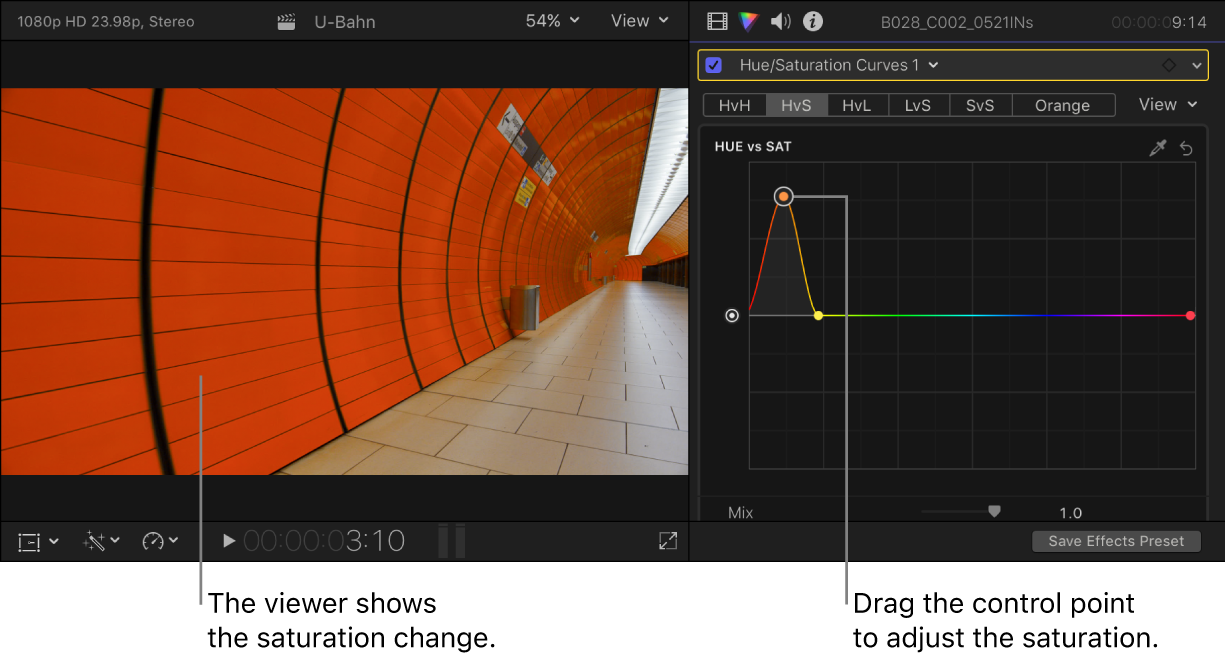 Der Viewer links mit geänderter Sättigung und das Informationsfenster „Farbe“ rechts mit Steuerpunkten auf der Kurve „Farbton vs. Sättigung“