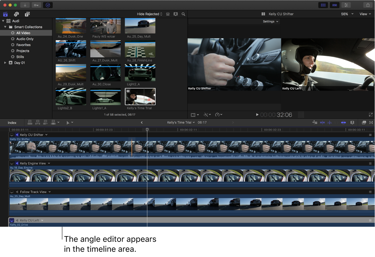 Das Fenster von Final Cut Pro mit Kamera-Editor im Timeline-Bereich