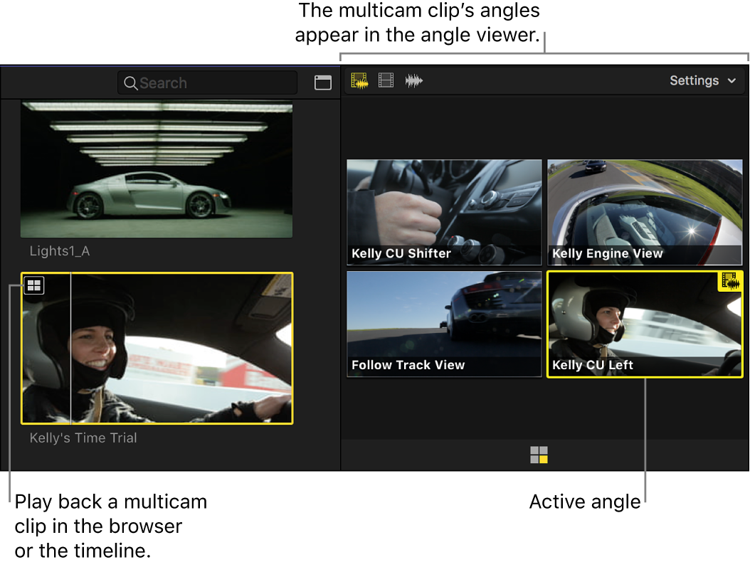 The angle viewer displaying the angles of a multicam clip selected in the browser