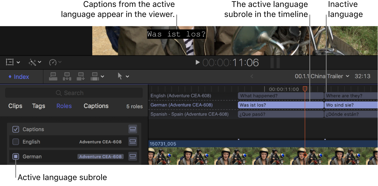 A German caption appearing in the viewer, the German language subrole selected in the timeline index, and German caption clips appearing highlighted in the timeline