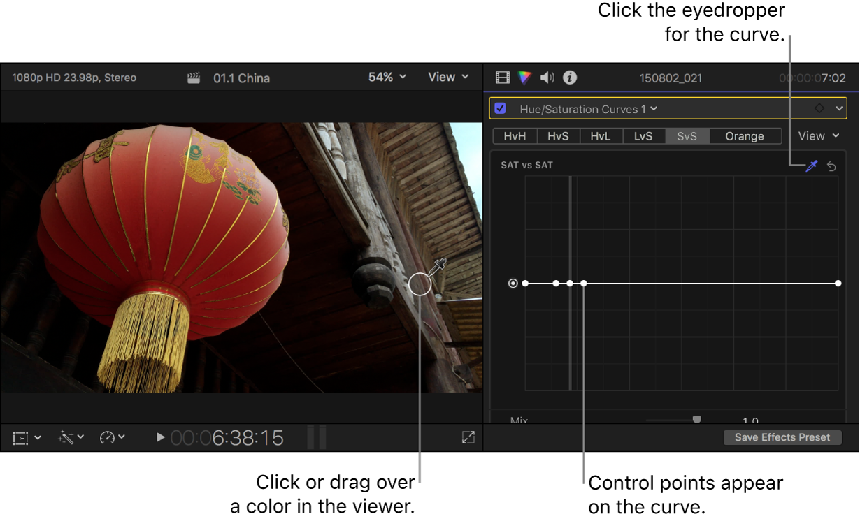 The eyedropper positioned over a color in the viewer, and the Color inspector showing control points on the Sat vs Sat curve