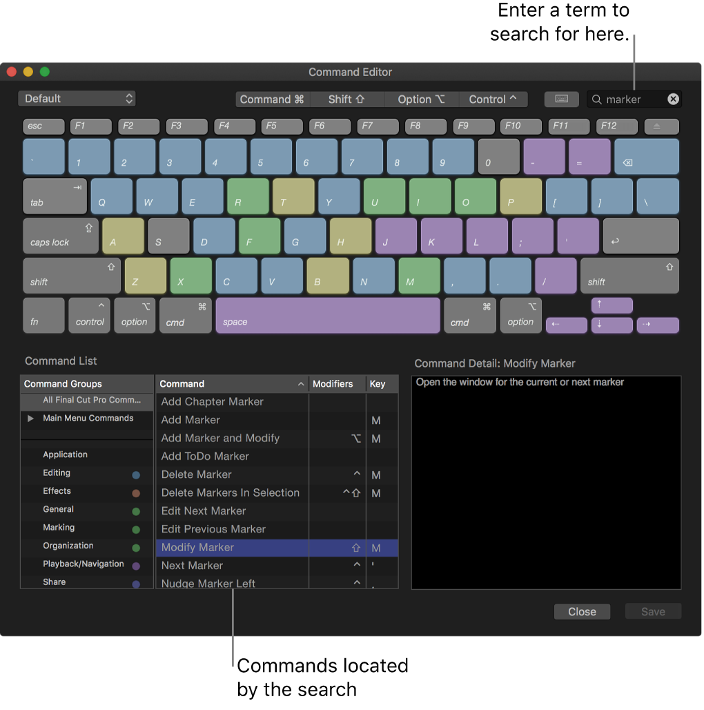 The Command Editor window showing a search term entered in the search field and search results below