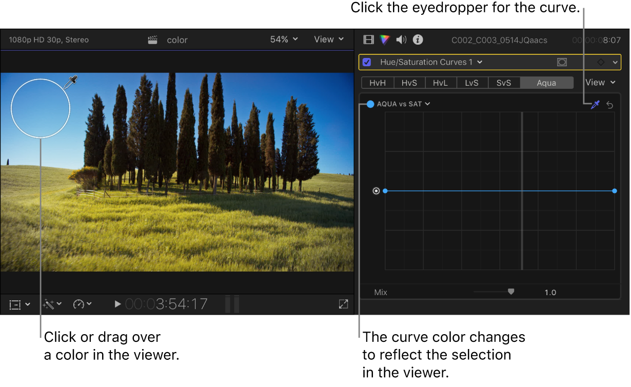 The eyedropper positioned over a color in the viewer, and the Color inspector showing the curve changed to the selected color