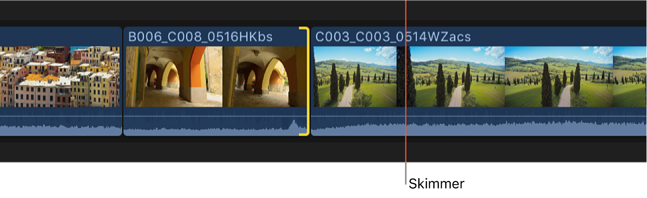 The skimmer positioned on a clip in the timeline to define a new edit point