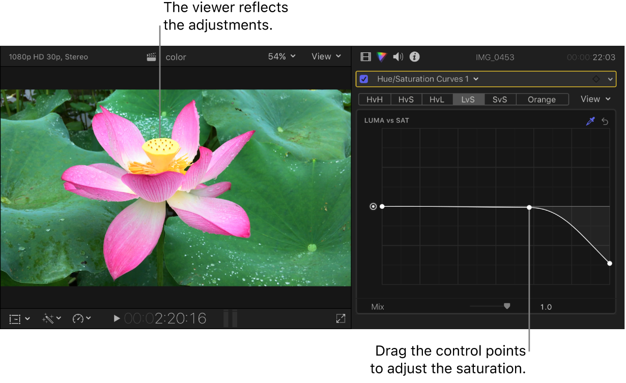 The viewer on the left showing the saturation change, and the Color inspector on the right showing adjusted control points on the Luma vs Sat curve