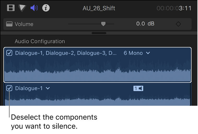 Checkboxes for audio components in the Audio Configuration section of the Audio inspector