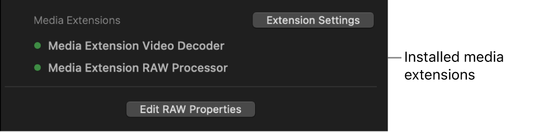 The Media Extensions section of the Info inspector, with green dots appearing next to media extensions that are being used to decode the selected clip