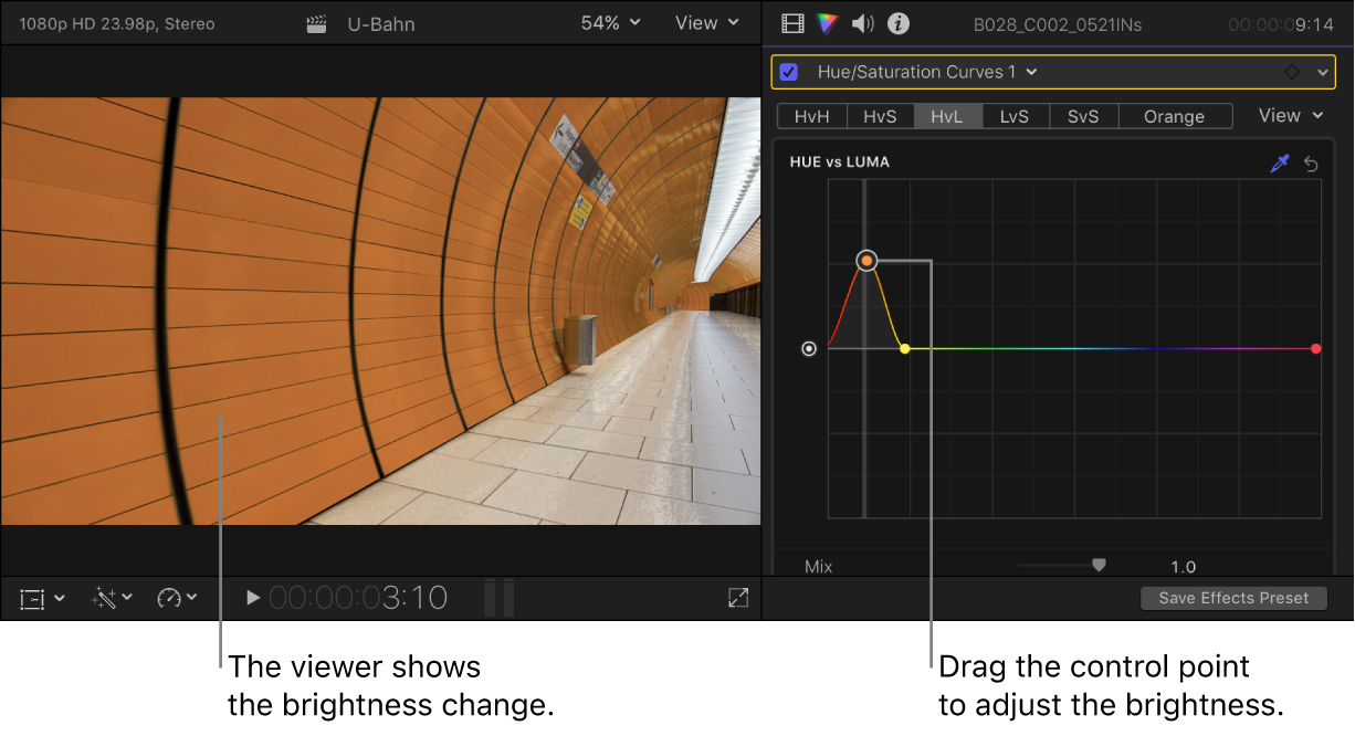 The viewer on the left showing the brightness change, and the Color inspector on the right showing control points on the Hue vs Luma curve