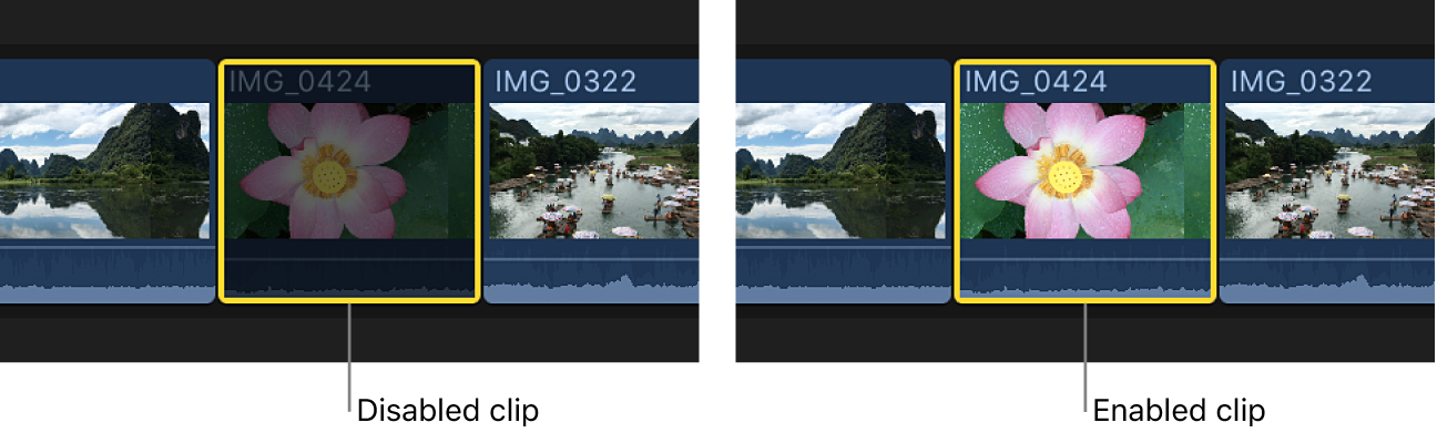 The same clip shown disabled and enabled in the timeline