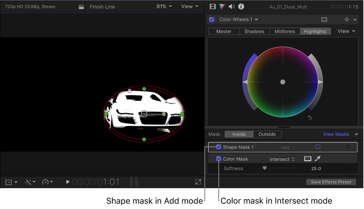 The viewer showing one car isolated by the two masks, and the Color inspector showing mask settings