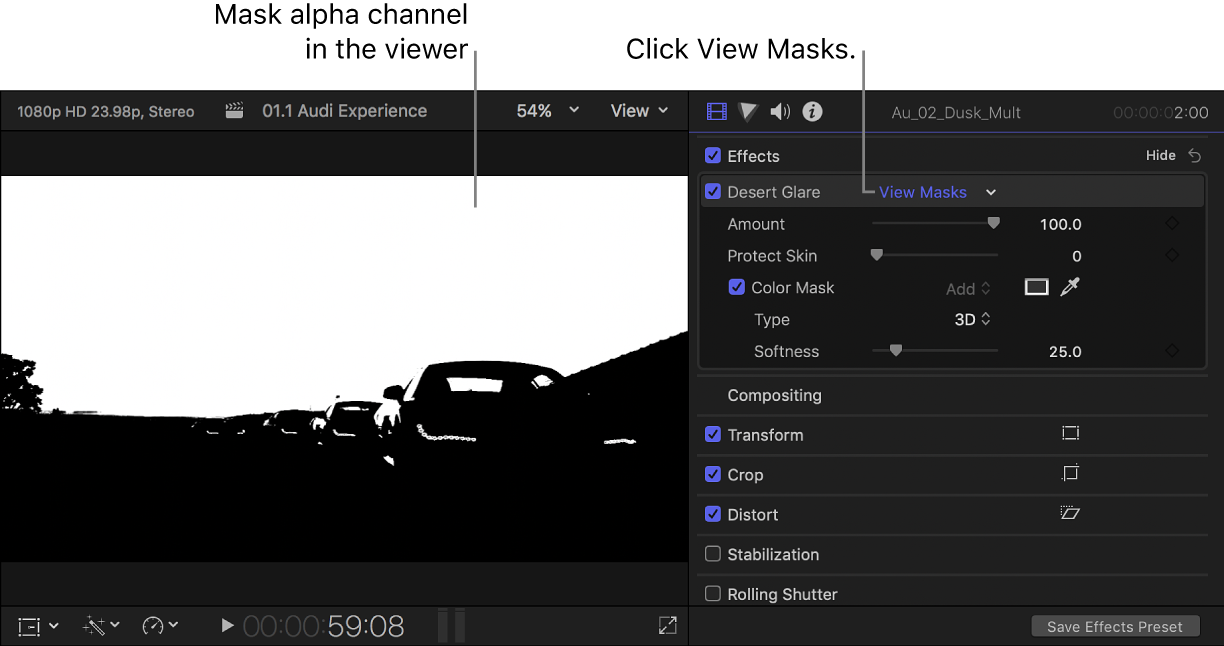 The viewer on the left showing a clip’s color mask alpha channel, and the Video inspector open on the right