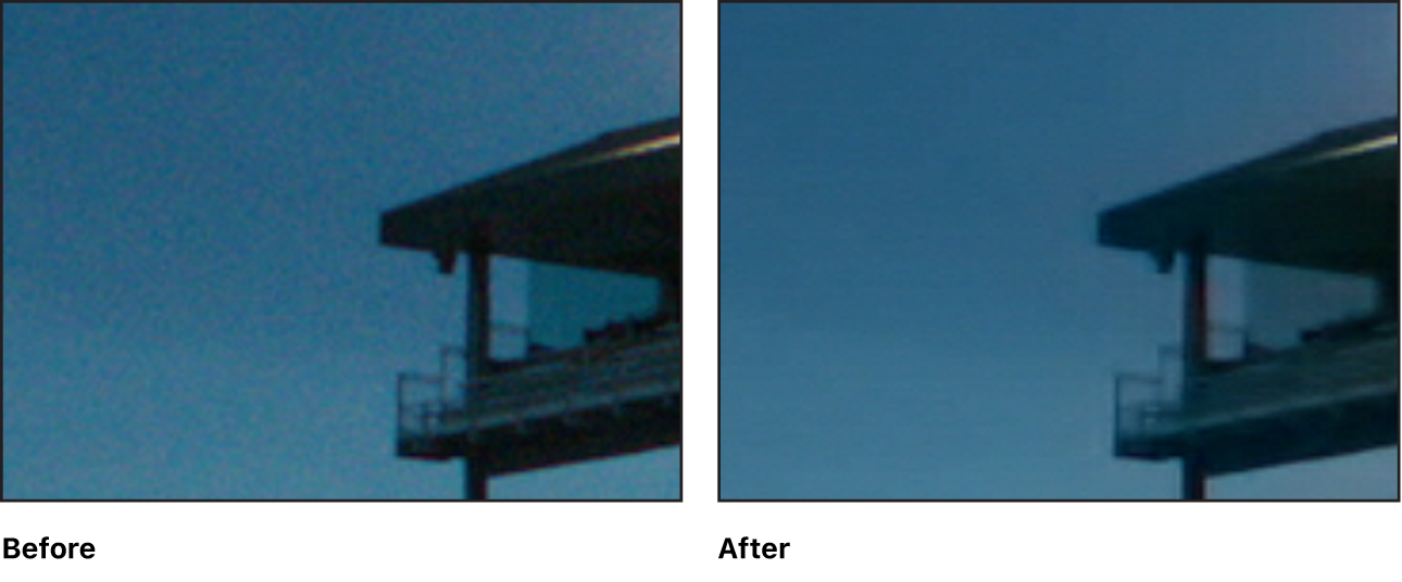 A detail of a video image, before and after applying the Noise Reduction effect