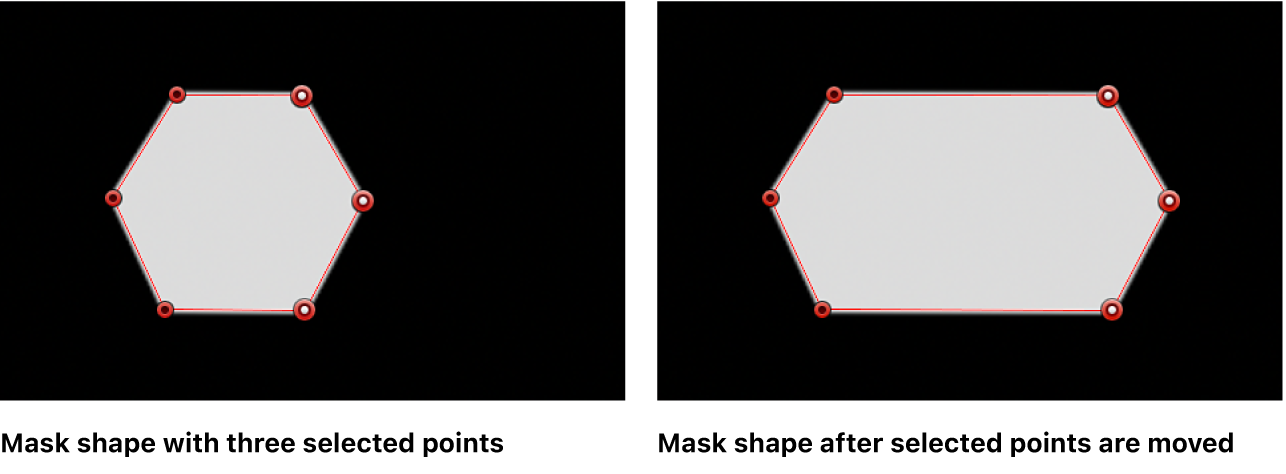 The viewer showing a mask shape before and after three control points are moved to the right