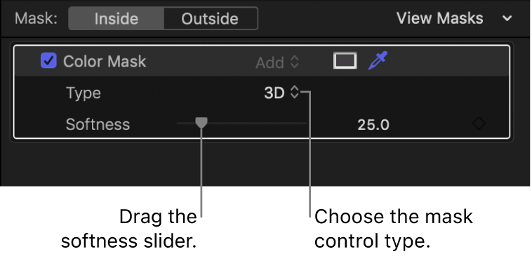 The Color Mask section of the inspector, with the Type pop-up menu set to 3D and the Softness slider appearing below