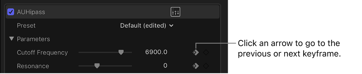 The arrow button next to the Keyframe button for an effect in the Audio inspector