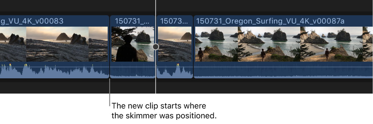 A new clip shown added to the timeline, with the start point at the skimmer location