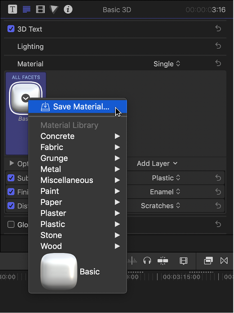 The 3D Text section of the Text inspector, showing the material presets pop-up menu