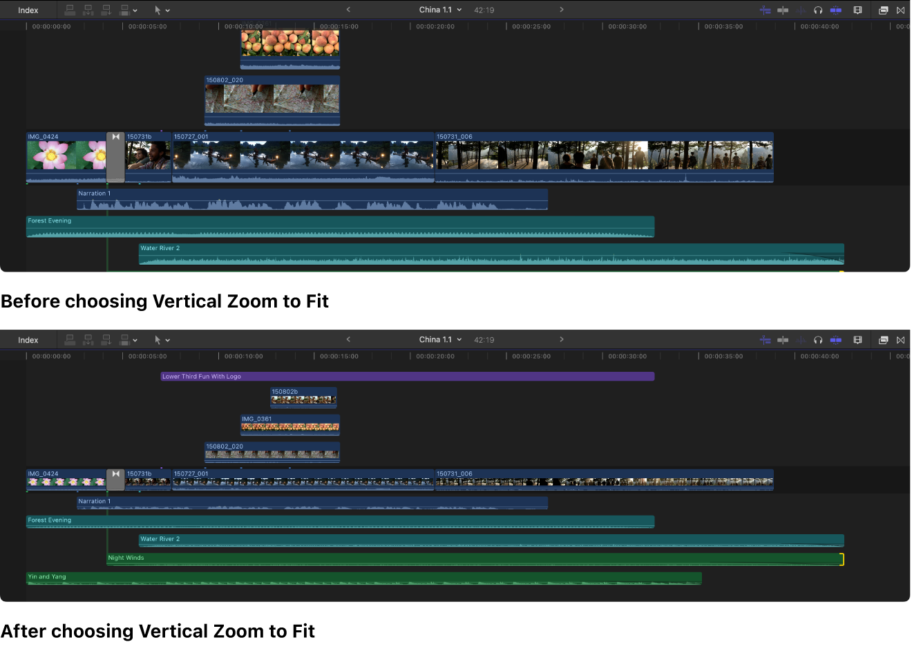 The timeline shown before and after choosing Vertical Zoom to Fit