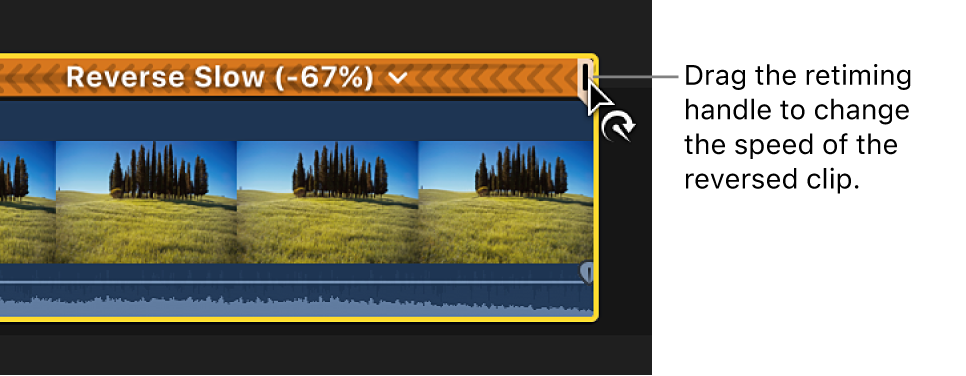 The timeline showing the retiming handle of a reversed clip being dragged to adjust the speed