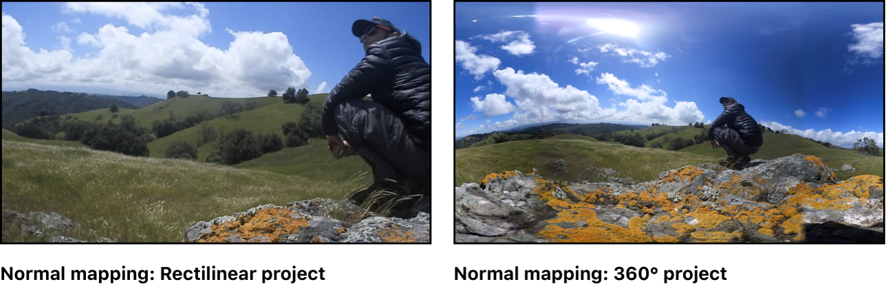 A 360° image with normal mapping and the same image with Tiny Planet mapping, shown side by side